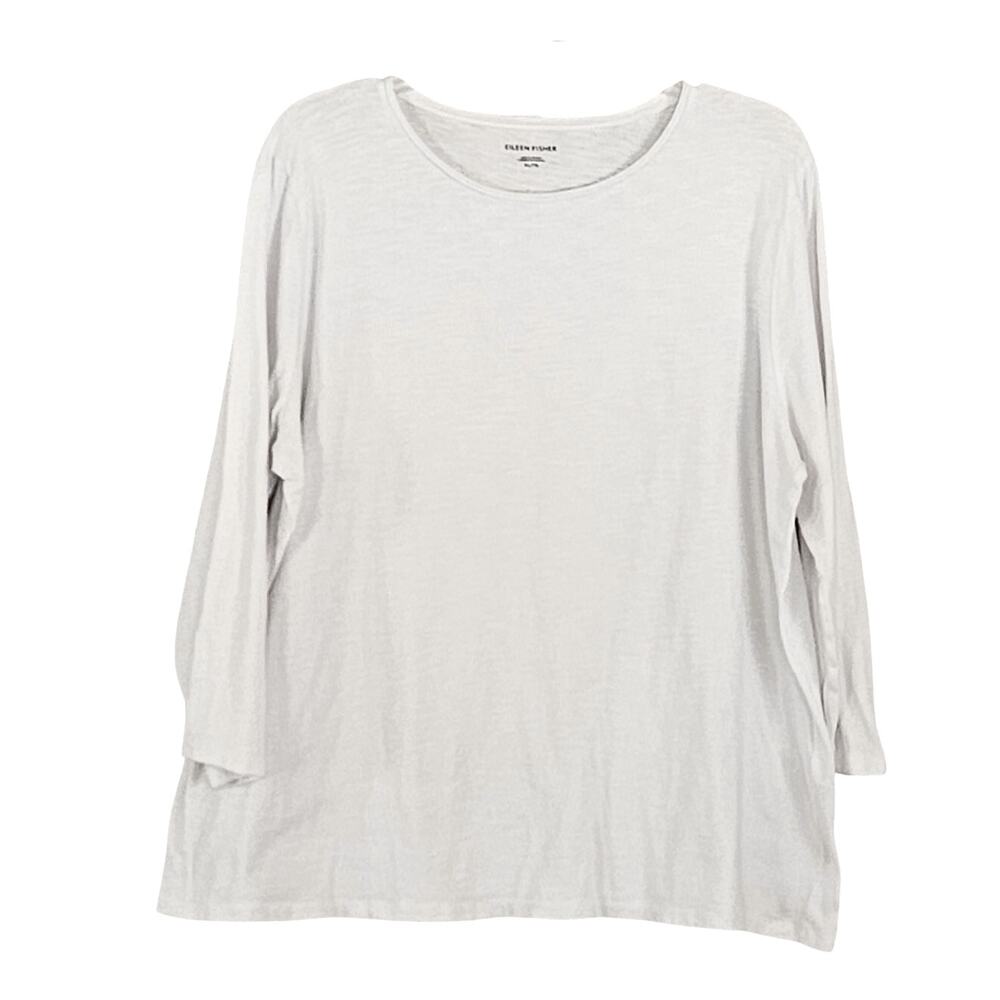 Eileen Fisher Slub Organic Cotton Jersey Rolled Neck 3/4 Sleeve White Sz XL